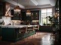 Modern kitchen in a classic style with white and green cabinets and green chairs. AI generated