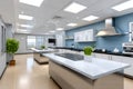 Modern kitchen classroom interior with cooking islands Royalty Free Stock Photo