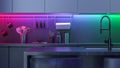 Modern Kitchen with colored led lights. 3D render Royalty Free Stock Photo