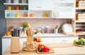 Modern kitchen compose with several types of equipment and tools on table and in the background and no people in image Royalty Free Stock Photo