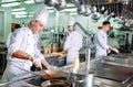 Modern kitchen. Cooks prepare meals on the stove in the kitchen of the restaurant or hotel. The fire in the kitchen. Royalty Free Stock Photo