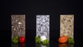 Modern kitchen counters made from granite, marble and quartz stone decorated with food. Kitchen countertop concept. Royalty Free Stock Photo