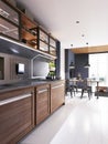 Modern kitchen with dark blue walls and wooden light furniture and white floor in hipster style