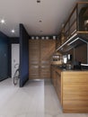 Modern kitchen with dark blue walls and wooden light furniture and white floor in hipster style