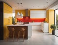 modern kitchen design in yellow, and equipped with glass walls, generative ai Royalty Free Stock Photo