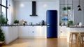 Modern Kitchen Design with Elegant White Cabinets and a Bold Blue Refrigerator Accent Piece Royalty Free Stock Photo