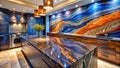 Modern kitchen design featuring a captivating blue and orange stone backsplash and island countertop. Generative AI Royalty Free Stock Photo