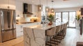 modern kitchen design, a modern kitchen featuring quartz countertops and pendant lights above the island, combining Royalty Free Stock Photo