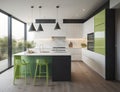 modern kitchen design with green color and equipped with glass wall, generative ai Royalty Free Stock Photo