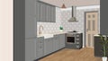 Modern kitchen design in home interior.Kitchen interior background with furniture. Kitchen illustration