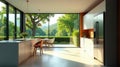 Modern kitchen design with panoramic nature view, featuring sleek appliances and a light-filled dining area. Generative AI Royalty Free Stock Photo
