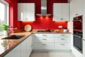 Modern kitchen design with red accent wall and white cabinets. Generative AI Royalty Free Stock Photo