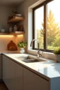 Modern kitchen design with sunlight streaming through window illuminating sleek countertops and double sink. Generative AI Royalty Free Stock Photo