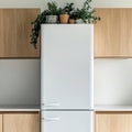Modern kitchen design with white refrigerator and wooden cabinets Royalty Free Stock Photo