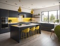 modern kitchen design with yellow color and equipped with glass wall , generative ai Royalty Free Stock Photo