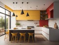 modern kitchen design in yellow and equipped with glass walls Royalty Free Stock Photo