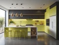 modern kitchen design in yellow, and equipped with glass walls, generative ai Royalty Free Stock Photo