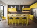 modern kitchen design in yellow, and equipped with glass walls, generative ai Royalty Free Stock Photo