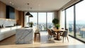Modern kitchen and dining area with panoramic city views from floor-to-ceiling windows. Generative AI Royalty Free Stock Photo