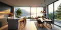Modern kitchen and dining area with panoramic view of serene landscape at sunset. Generative AI Royalty Free Stock Photo