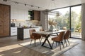 Modern Kitchen and Dining Room with Brown Leather Chairs Royalty Free Stock Photo