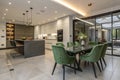 Modern kitchen and dining room with green suede chairs Royalty Free Stock Photo