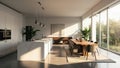 Modern kitchen and dining room interior with large windows and natural sunlight creating a relaxed ambiance Royalty Free Stock Photo