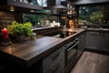 Modern kitchen with electric oven and induction cooktop. Generative AI Royalty Free Stock Photo