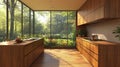 Modern kitchen with expansive forest views Royalty Free Stock Photo