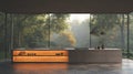 Modern kitchen with expansive forest views. Open-concept design with a large island and full-length windows Royalty Free Stock Photo