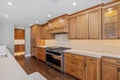 Modern kitchen features light brown cabinetry with white countertops