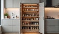 Modern kitchen features sleek cabinetry and integrated pullout pantry shelves filled with food jars. This smart storage solution Royalty Free Stock Photo