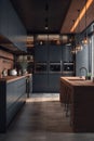 Modern kitchen featuring sleek dark gray cabinets and countertops. AI-generated.