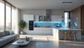 Modern kitchen with futuristic interface showing smart home device connections. AI controls appliances and monitors home systems Royalty Free Stock Photo