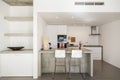 Modern kitchen gray tile floor and white wall