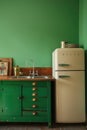 A modern kitchen with green cabinets and a white refrigerator Royalty Free Stock Photo