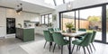 Modern kitchen with green suede upholstered chairs Royalty Free Stock Photo