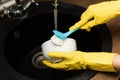 Modern kitchen - happy woman washing dishes, housework Royalty Free Stock Photo