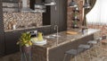 Modern kitchen with industrial lamps and bar chairs 3D illustration