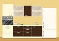 Modern kitchen interior as furniture set and fridge. Flat style vector illustration. Royalty Free Stock Photo