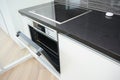 Modern kitchen interior with black and white electric oven, electic stove