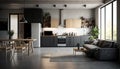 Modern kitchen interior concept with wooden dinning furniture, gray cabinet and gray sofa, Generative AI