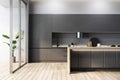 A modern kitchen interior with dark cabinetry, wooden floor, and minimalist design, featuring clean lines and an empty space. 3D Royalty Free Stock Photo