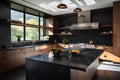 Modern kitchen interior design with dark tone cabinet and counter, wooden top island counter, hanging lamps and sunlight from Royalty Free Stock Photo