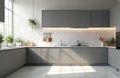 Modern kitchen interior design features grey, light grey cabinets, white subway tile backsplash. Bright natural light illuminates Royalty Free Stock Photo