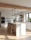 Modern kitchen interior design features large marble island, wood stools. White cabinets, light wood floor, big windows create Royalty Free Stock Photo