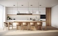 Modern kitchen, interior design, minimalistic scandinavian look. Natural wooden and white materials. Minimalistic sunny photo. AI