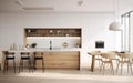 Modern kitchen, interior design, minimalistic scandinavian look. Natural wooden and white materials. Minimalistic sunny photo. AI