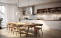 Modern kitchen, interior design, minimalistic scandinavian look. Natural wooden and white materials. Minimalistic sunny photo. AI