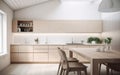 Modern kitchen, interior design, minimalistic scandinavian look. Natural wooden and white materials. Minimalistic sunny photo. AI